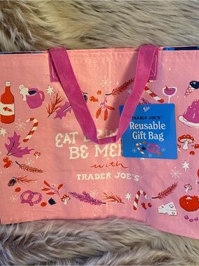 Trader Joe's Pink Reusable Gift Bag Eat Drink Be Merry NWT